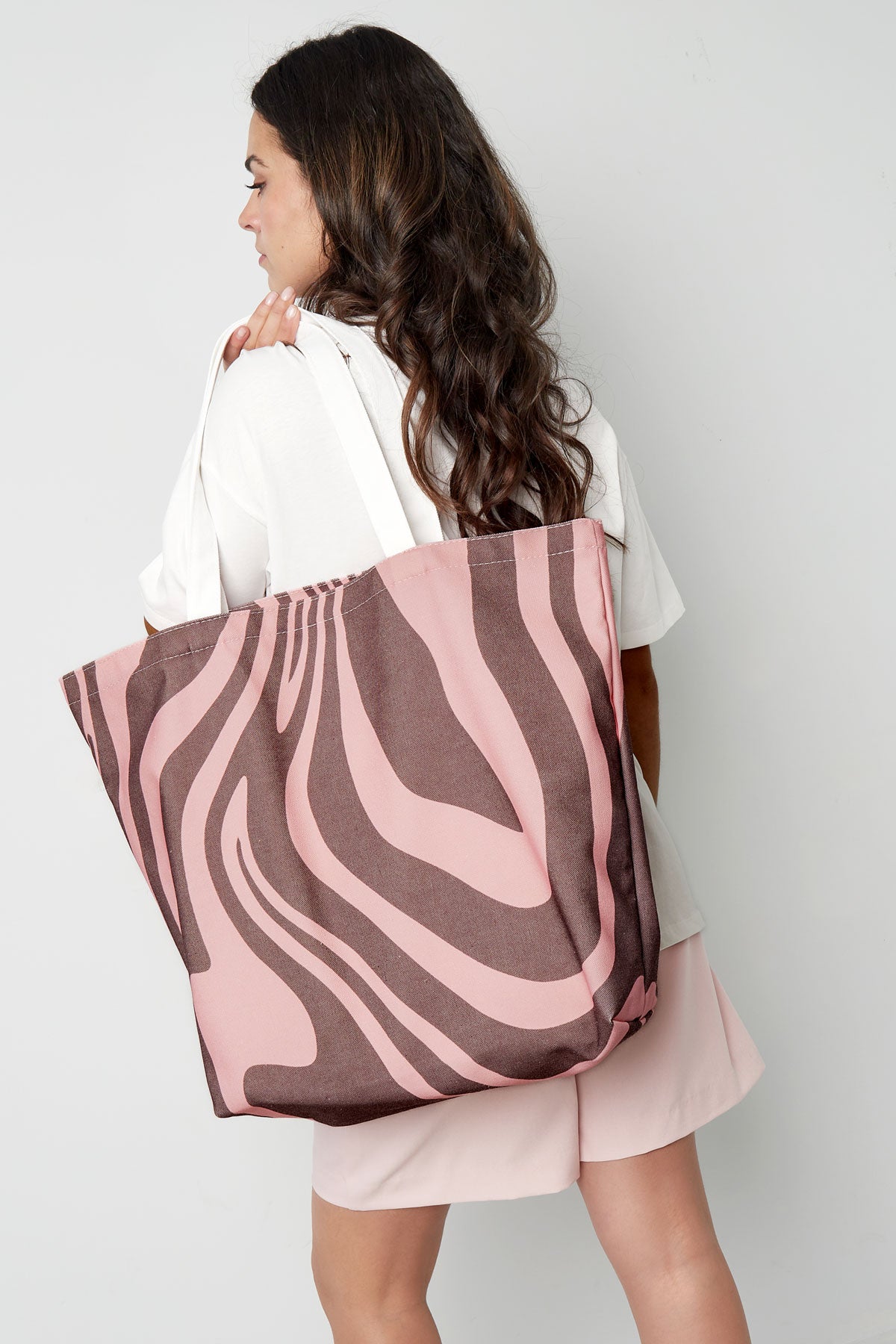 Cabas en toile imprimé zèbre - marron rose